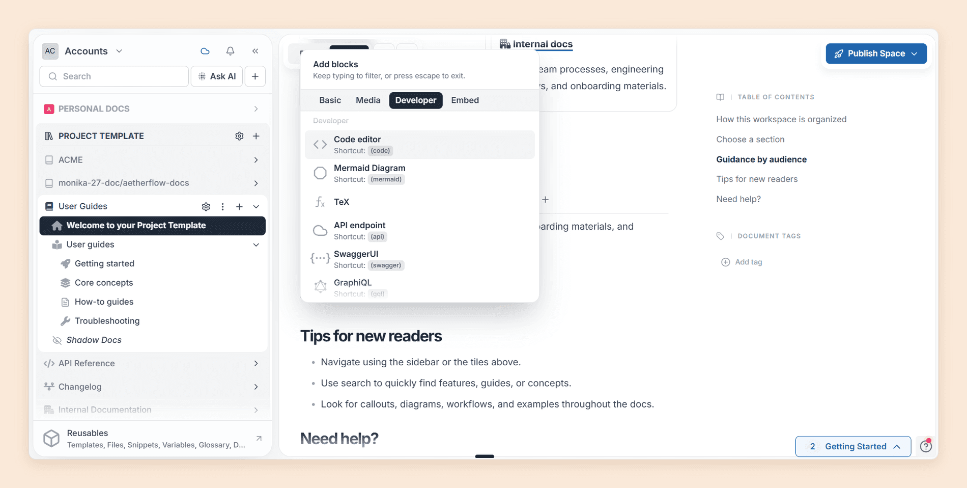 Archbee's Add blocks menu open on the Developer tab, listing Code editor, Mermaid Diagram, TeX, API endpoint, SwaggerUI, and GraphiQL, most with a typed shortcut, beside the space navigation tree