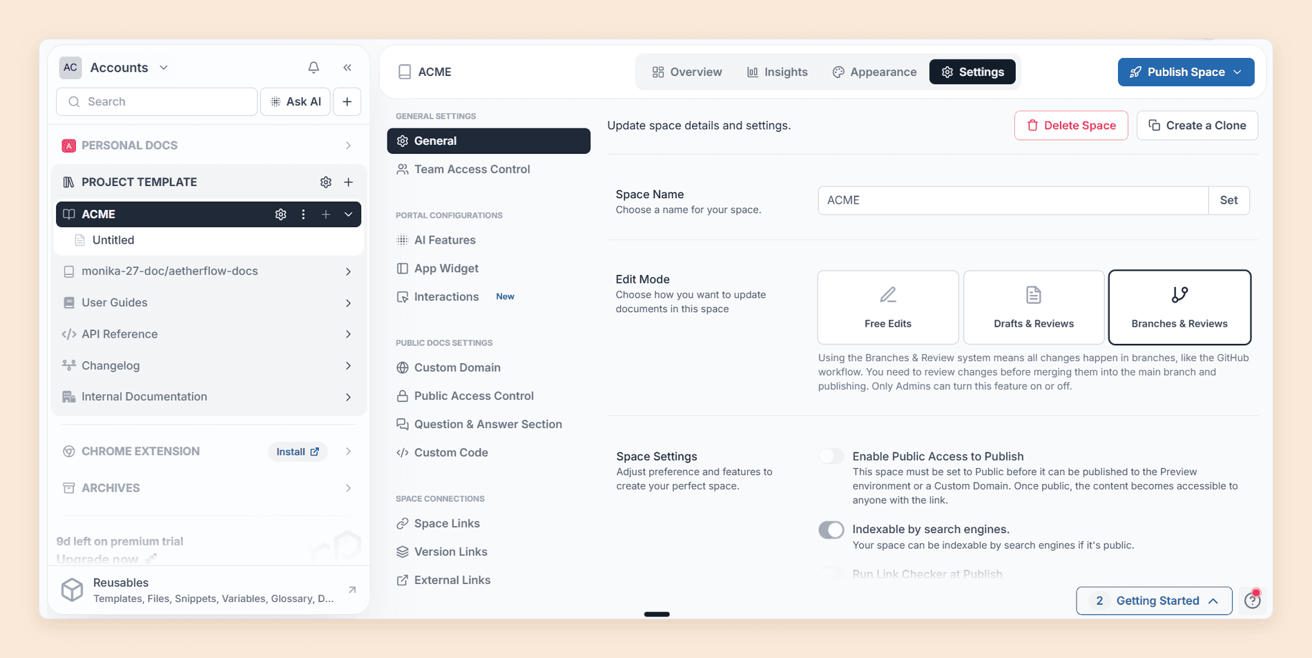 Archbee space settings showing the Edit Mode choice between Free Edits, Drafts and Reviews, and Branches and Reviews, with Branches and Reviews selected and described as making all changes happen in branches like the GitHub workflow