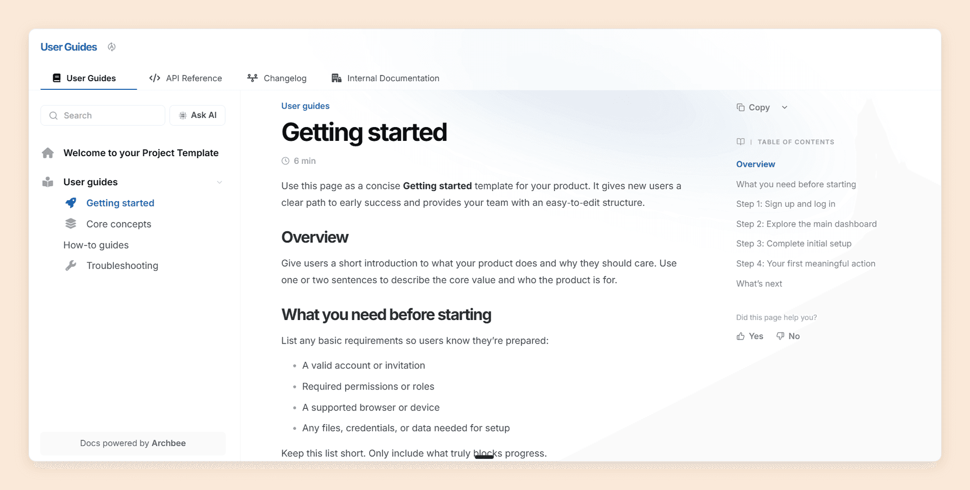 An Archbee published portal page showing tabbed navigation for User Guides, API Reference, Changelog, and Internal Documentation, a reader Ask AI box beside the search field, a "Did this page help you?" vote in the right column, and a "Docs powered by Archbee" footer