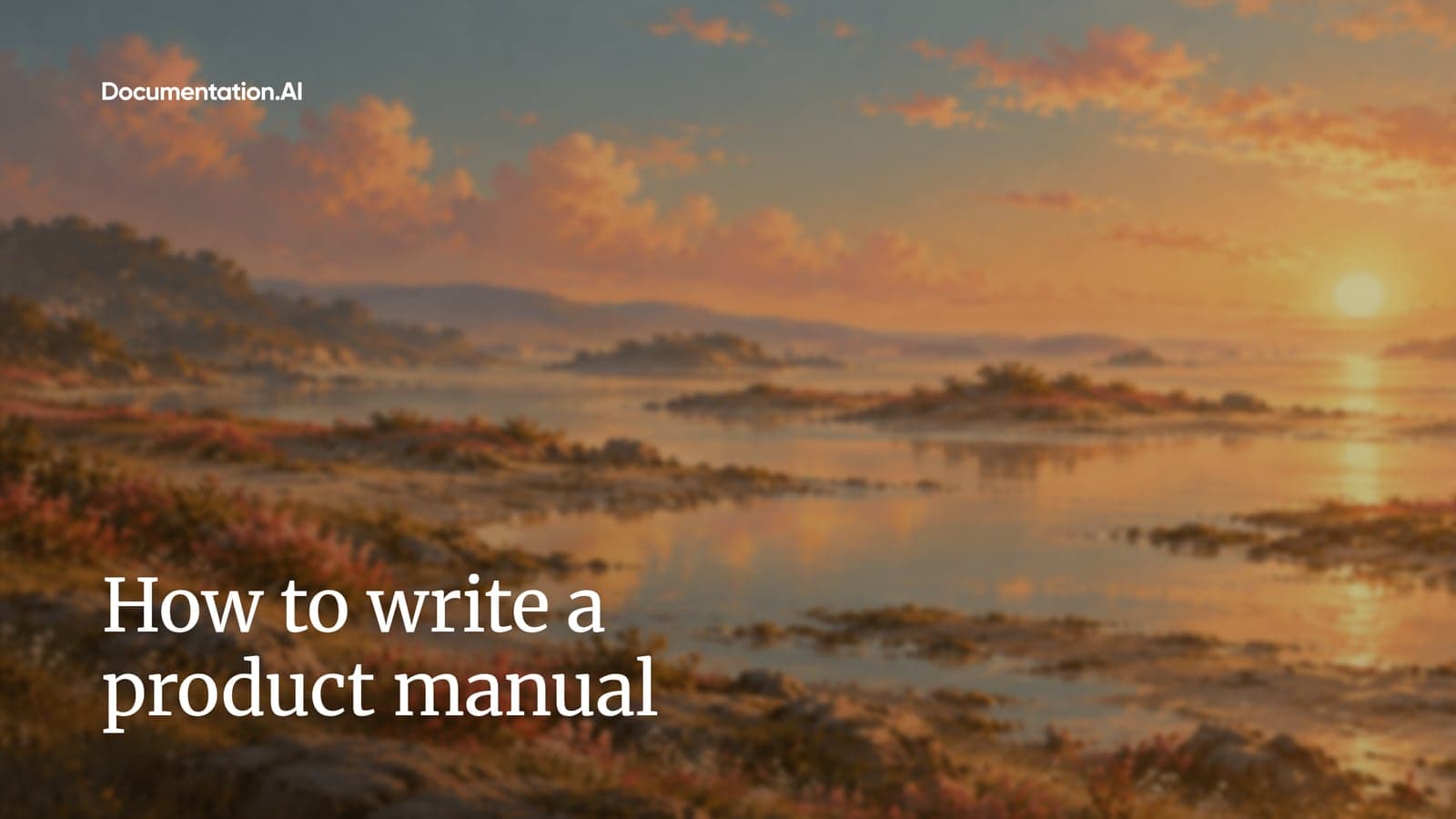 The title “How to write a product manual” in white serif over a softened painting of a calm coast at sunset, with the Documentation.AI wordmark top left