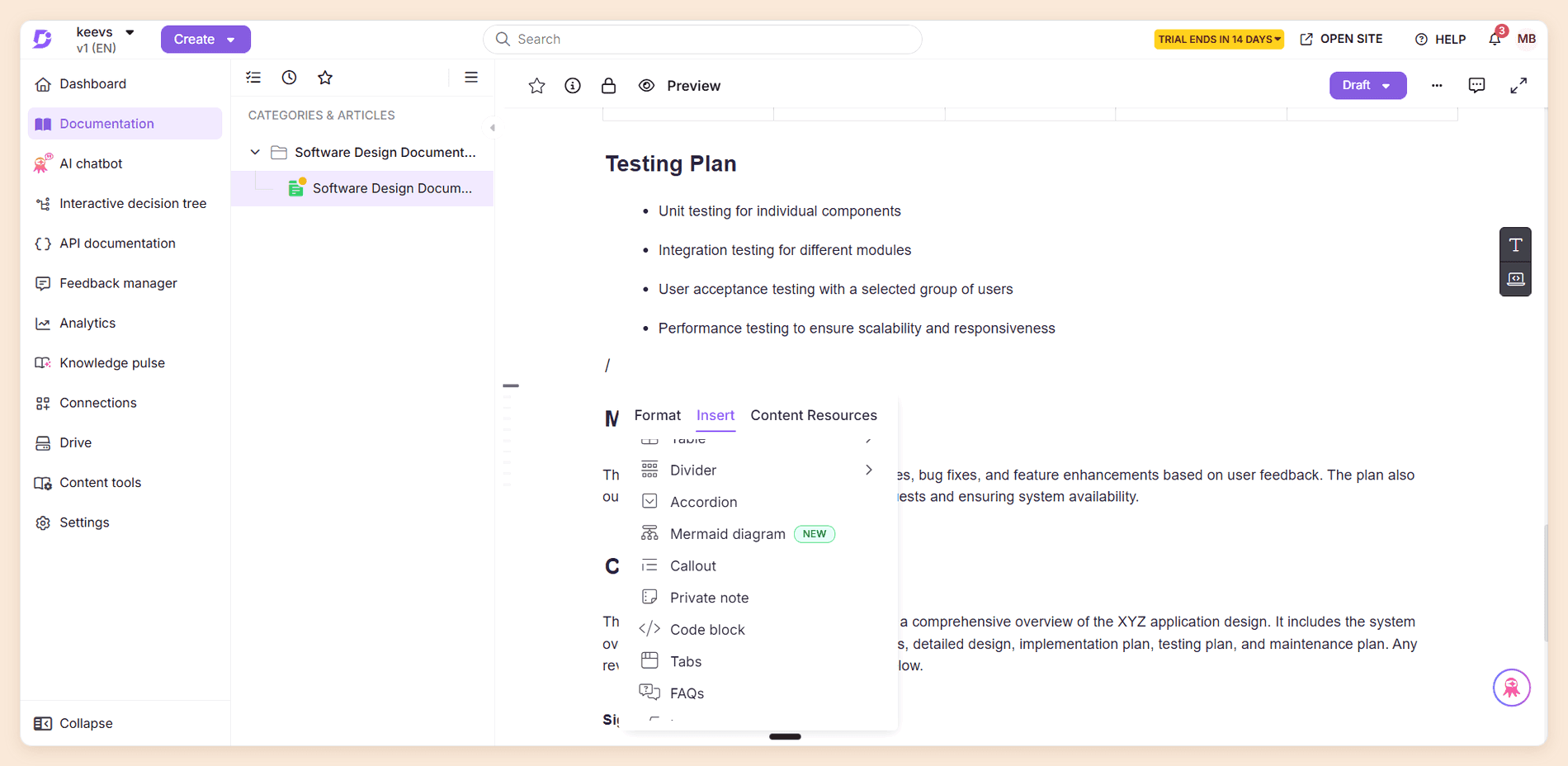 Document360's article editor with the Insert tab of the block menu open, listing tables, dividers, accordions, Mermaid diagrams, callouts, private notes, code blocks, tabs, and FAQs, with the categories and articles tree on the left and the article still in Draft