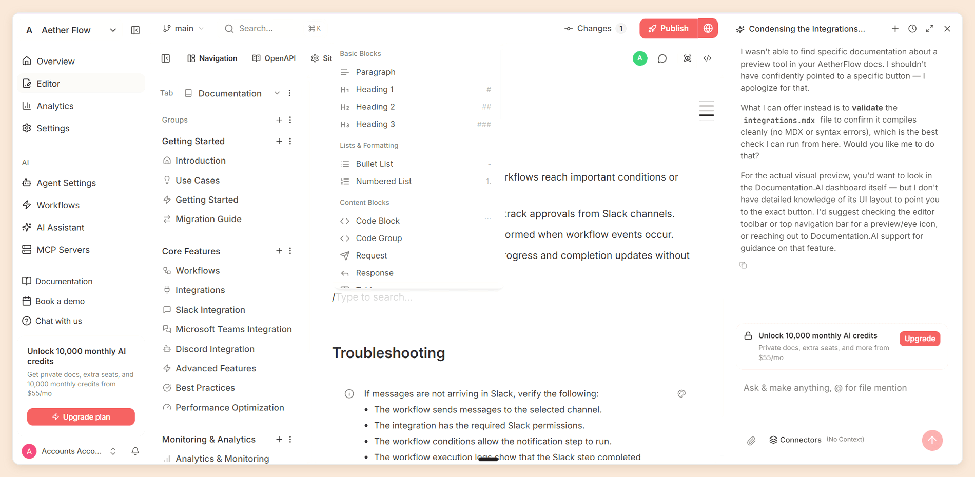 The Documentation.AI editor with the slash command menu open over a page, listing Paragraph, headings, bullet and numbered lists, code blocks, and request and response blocks, with the navigation tree on the left and the AI assistant answering in a panel on the right