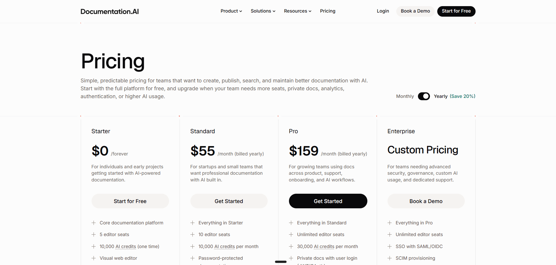 Documentation.AI pricing in 2026, showing Starter free, Standard at $55 per month, Pro at $159 per month, and custom Enterprise pricing