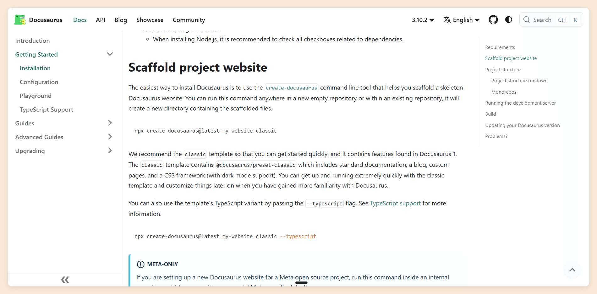 A Docusaurus documentation site on version 3.10.2, showing the Getting Started sidebar, an On this page contents list, the create-docusaurus scaffold commands in code blocks, and a Meta-only admonition