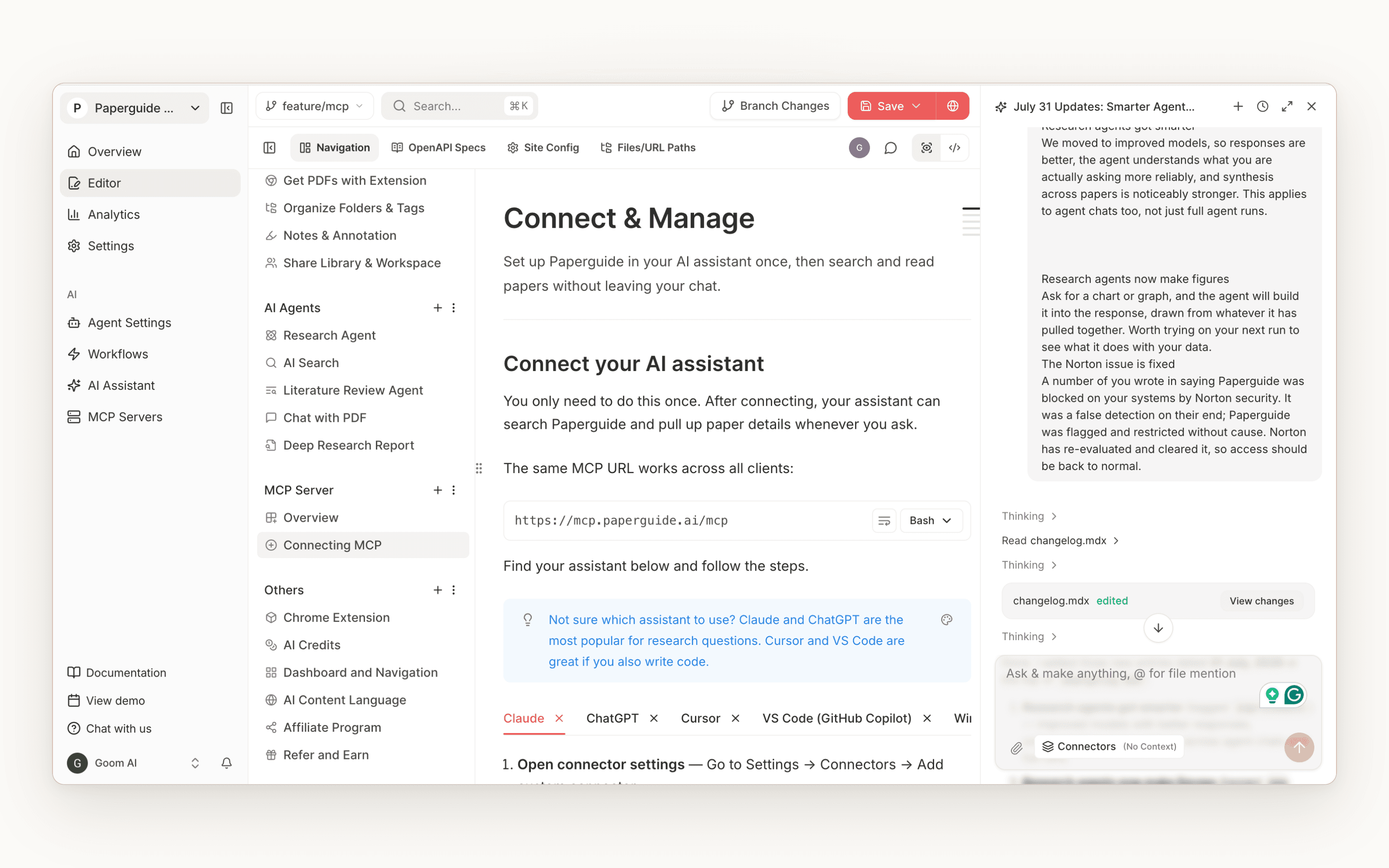 The Documentation.AI editor on a branch, with navigation and pages on the left, the page body in the middle, and the documentation agent panel on the right reading and editing content alongside the writer