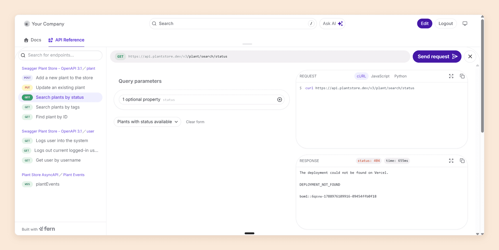 Fern's API Explorer with a GET request sent against a Swagger Plant Store OpenAPI 3.1 specification, showing the endpoint list, the query parameter form, cURL, JavaScript, and Python snippet tabs, and the returned response