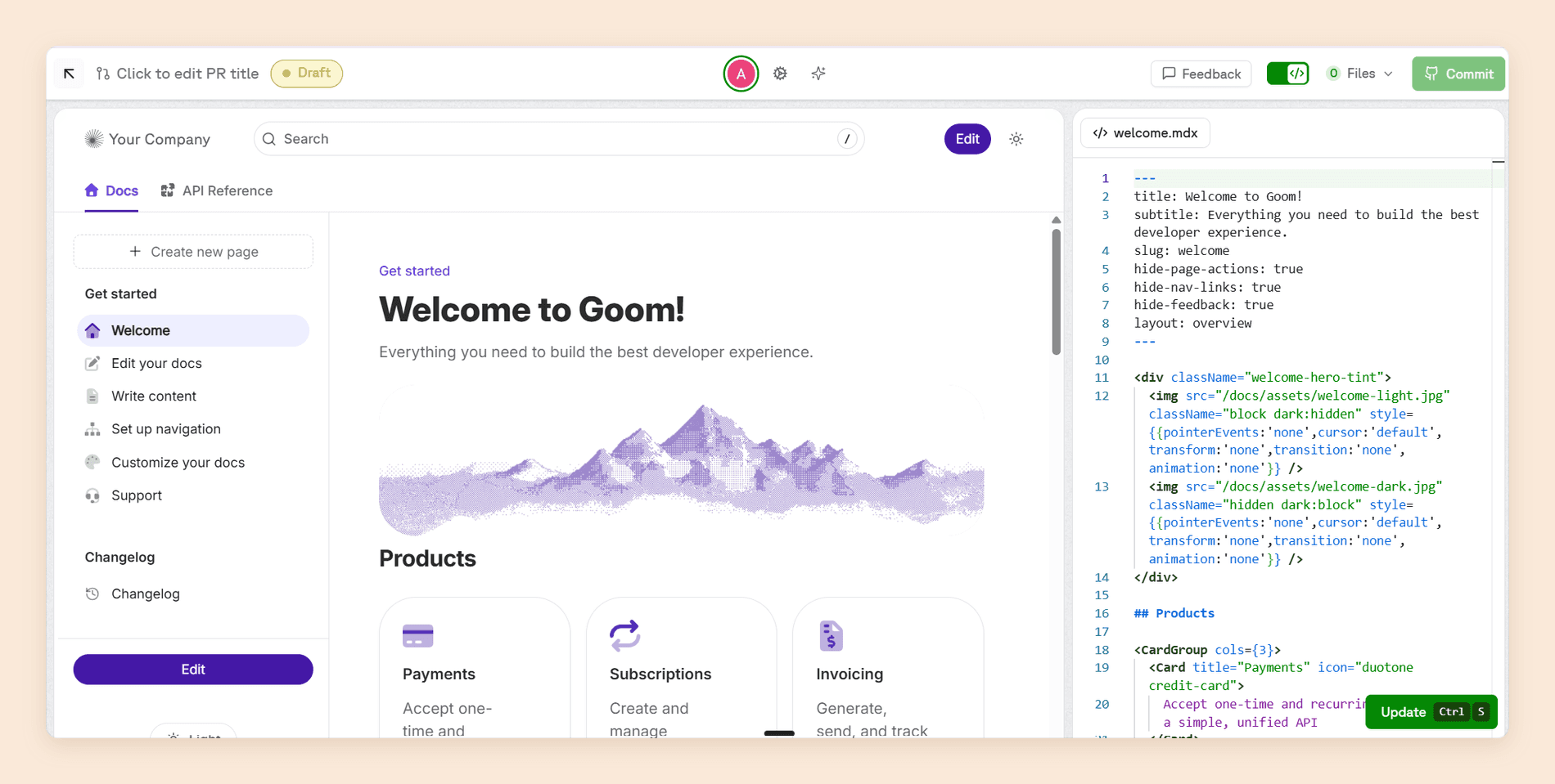 Fern Editor with the rendered page on the left and the raw welcome.mdx source open in dev mode on the right, under a toolbar carrying a draft pull request title, a Files count, and a Commit button