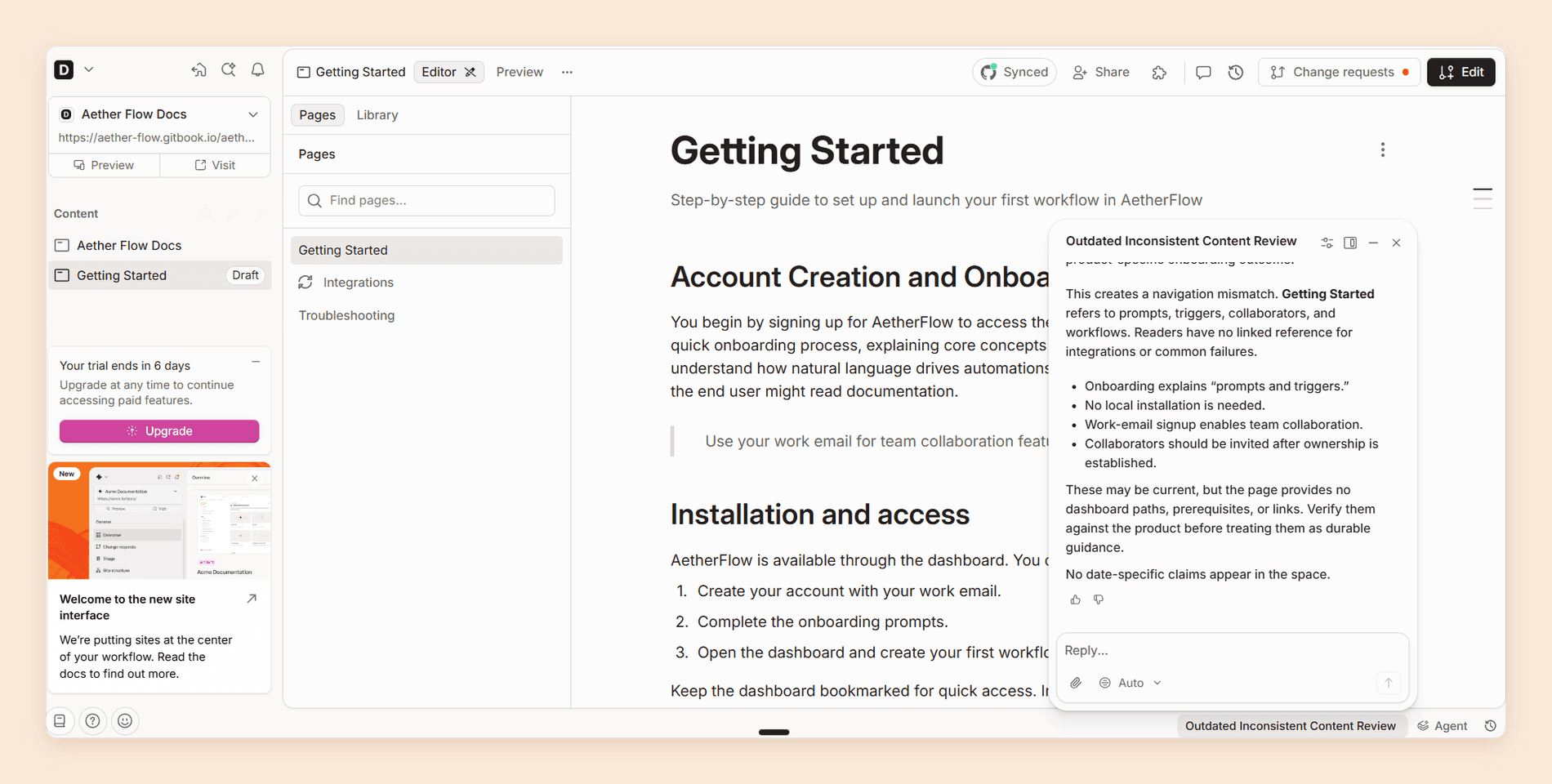 GitBook Agent running an outdated and inconsistent content review inside the editor, reporting a navigation mismatch on the page and listing the claims it wants verified against the product
