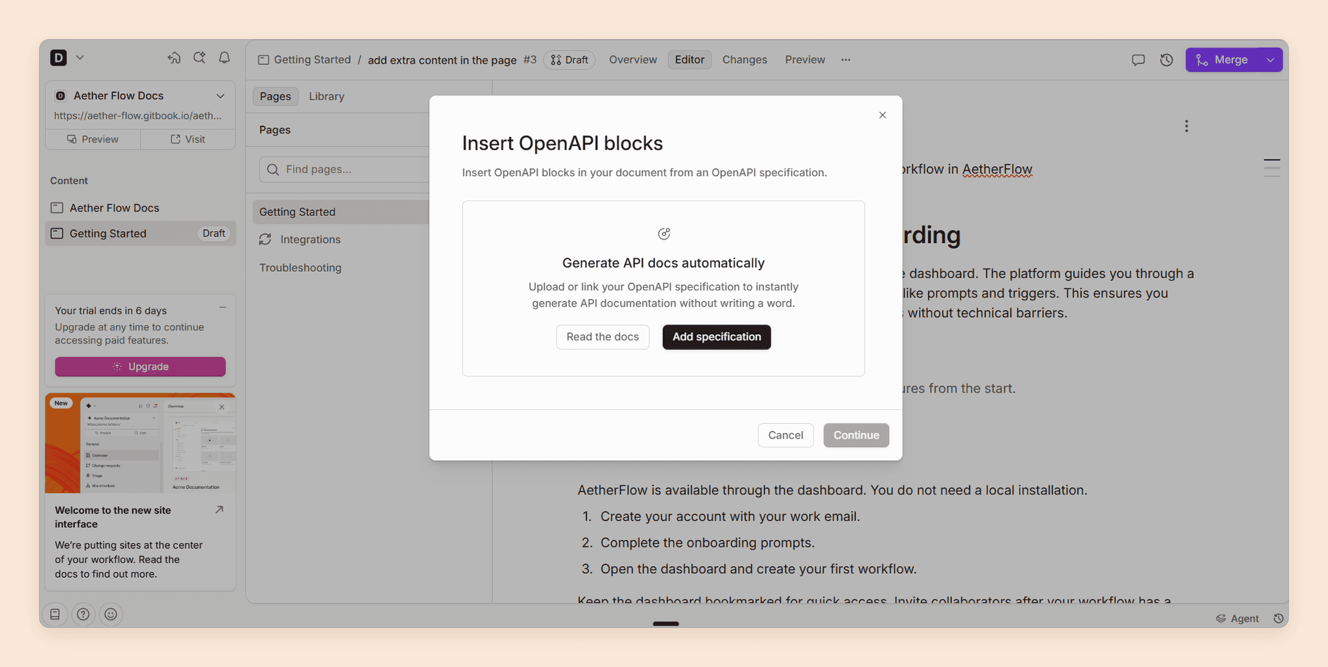 GitBook's Insert OpenAPI blocks dialog, offering to generate API documentation automatically from an uploaded or linked OpenAPI specification