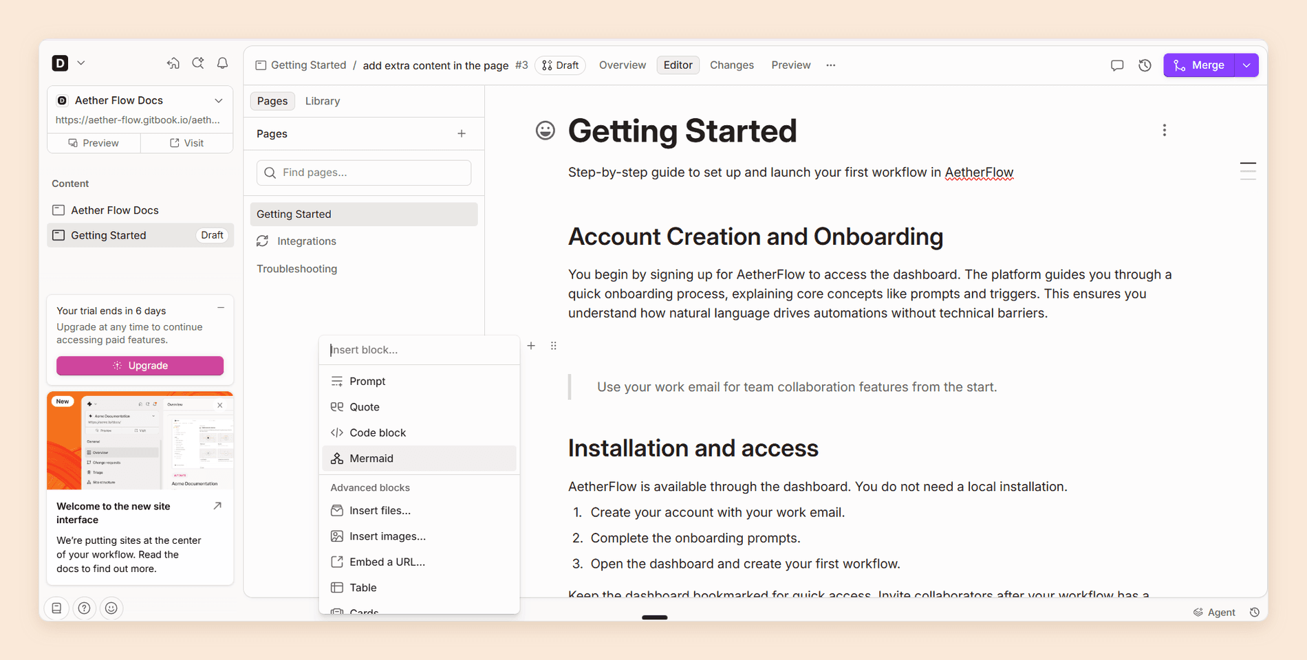 GitBook's web editor with the Insert block menu open, listing Prompt, Quote, Code block, and Mermaid above advanced blocks for files, images, embeds, tables, and cards, with the page tree beside it