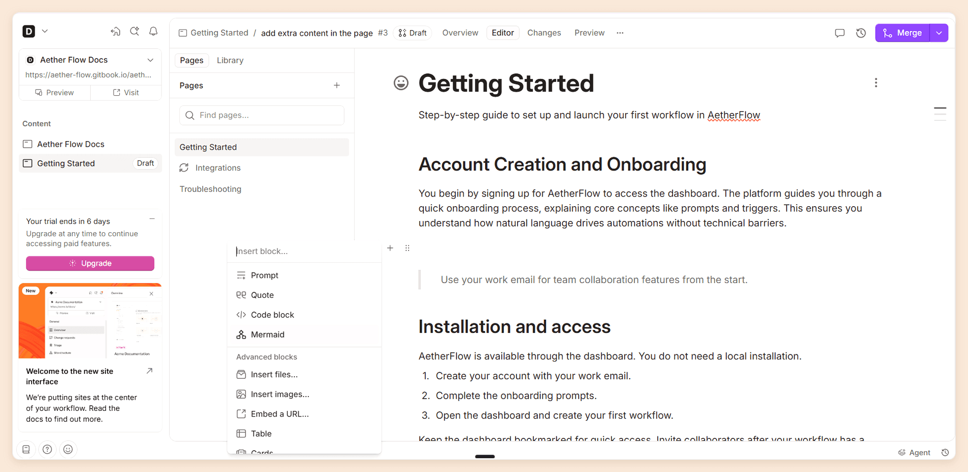 GitBook's web editor with the Insert block menu open, listing Prompt, Quote, Code block, and Mermaid above advanced blocks for files, images, embeds, tables, and cards, with the page tree beside it