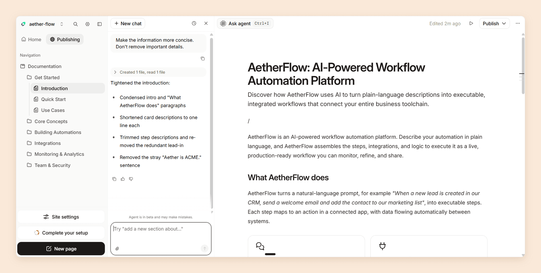 Mintlify's agent panel beside the editor, showing the prompt it was given, a note that it created one file and read one file, and a bulleted summary of the edits it made to the introduction
