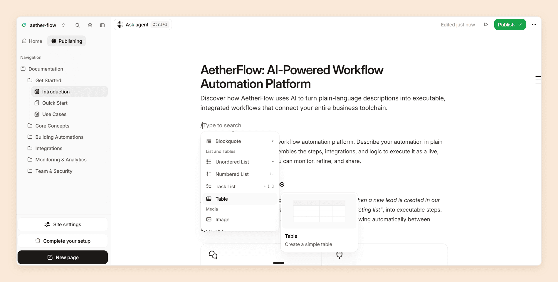 Mintlify's web editor in visual mode with the slash command menu open over the page, listing blockquote, list, table, and image blocks beside a preview of the table block, with the navigation tree on the left and a Publish button above