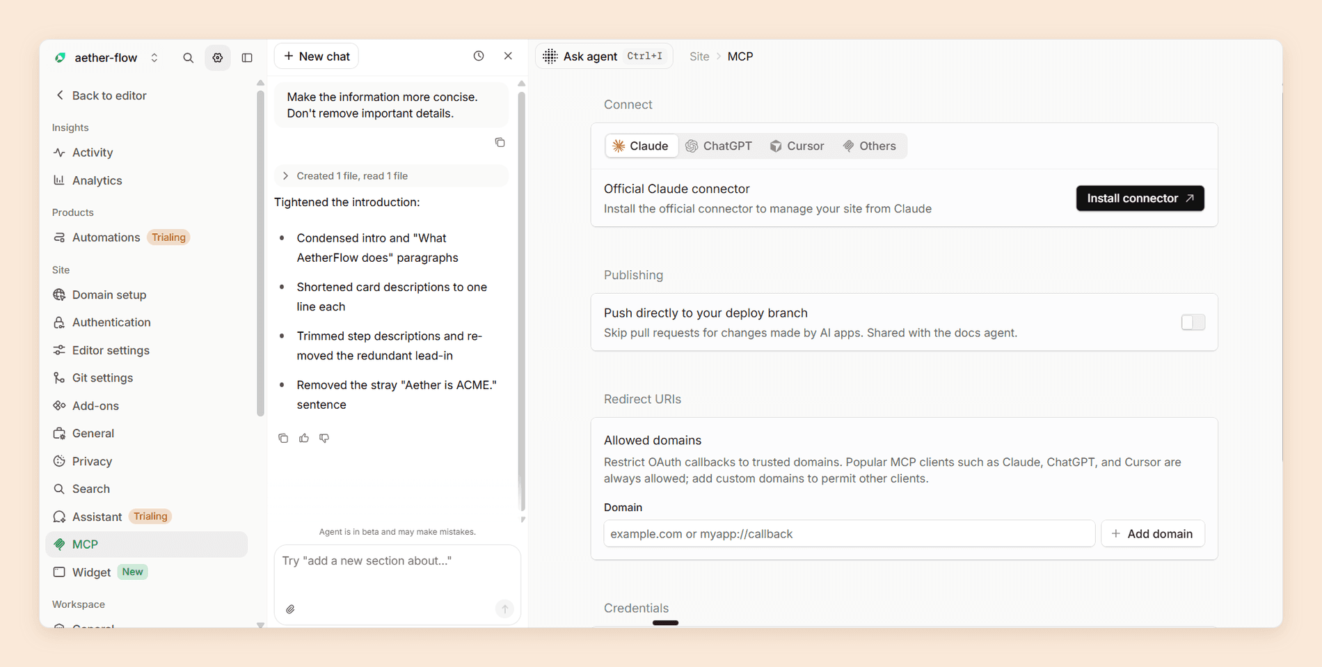 Mintlify's MCP settings page, offering an official connector for Claude, ChatGPT, and Cursor, a toggle to push changes made by AI apps straight to the deploy branch, and an allowed domains list for OAuth callbacks
