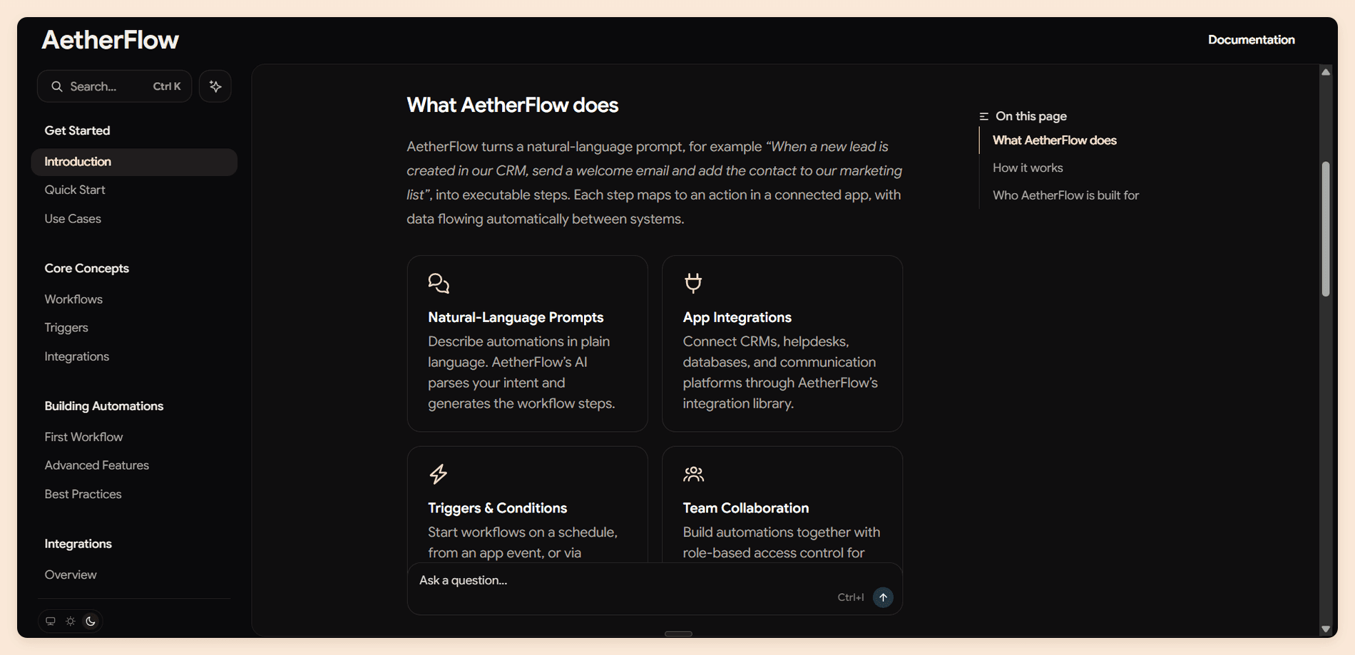 A published Mintlify site in dark mode, showing the sidebar navigation, an On this page contents list, a grid of feature cards, and an Ask a question box at the foot of the page