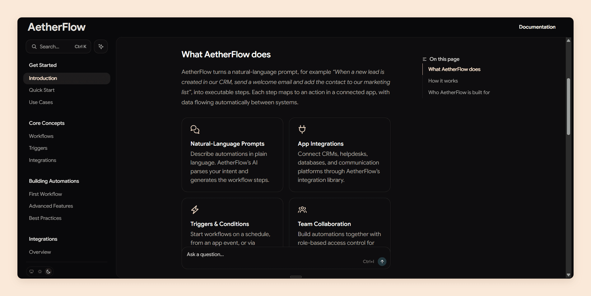 A published Mintlify site in dark mode, showing the sidebar navigation, an On this page contents list, a grid of feature cards, and an Ask a question box at the foot of the page