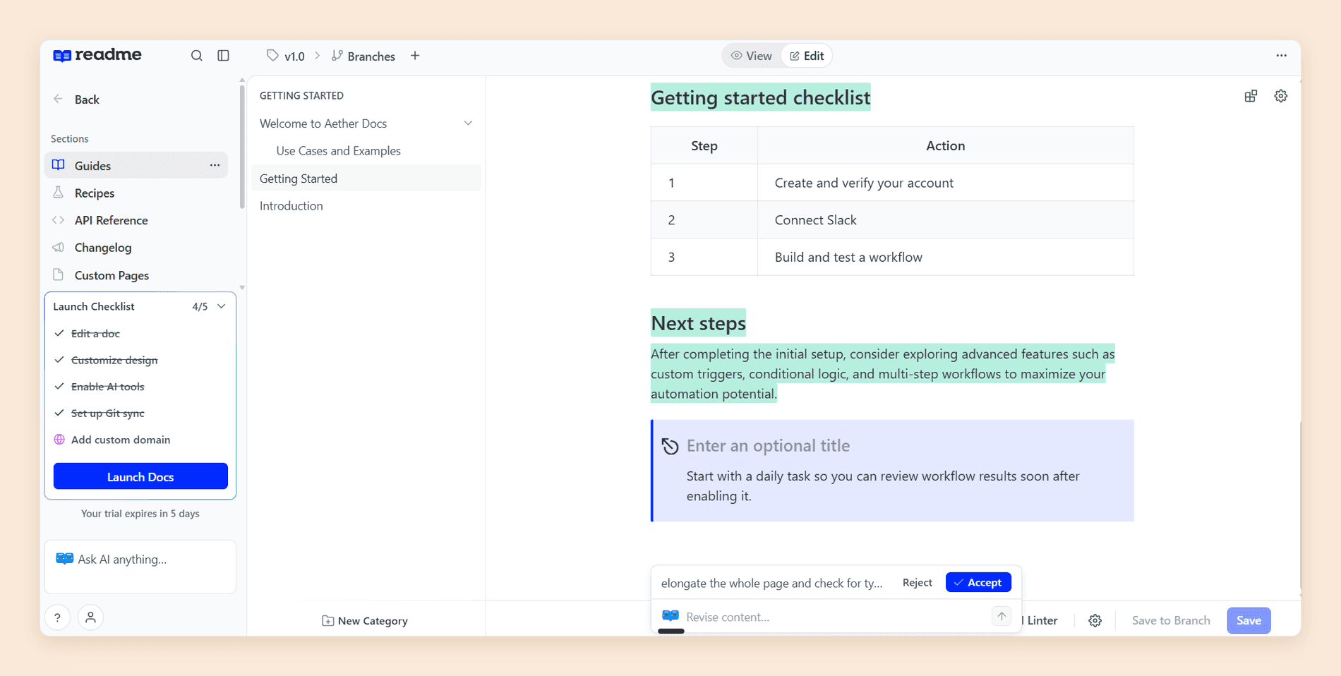 ReadMe's inline agent showing its rewrite highlighted in green on the page, with the prompt it was given and Reject and Accept buttons beneath it