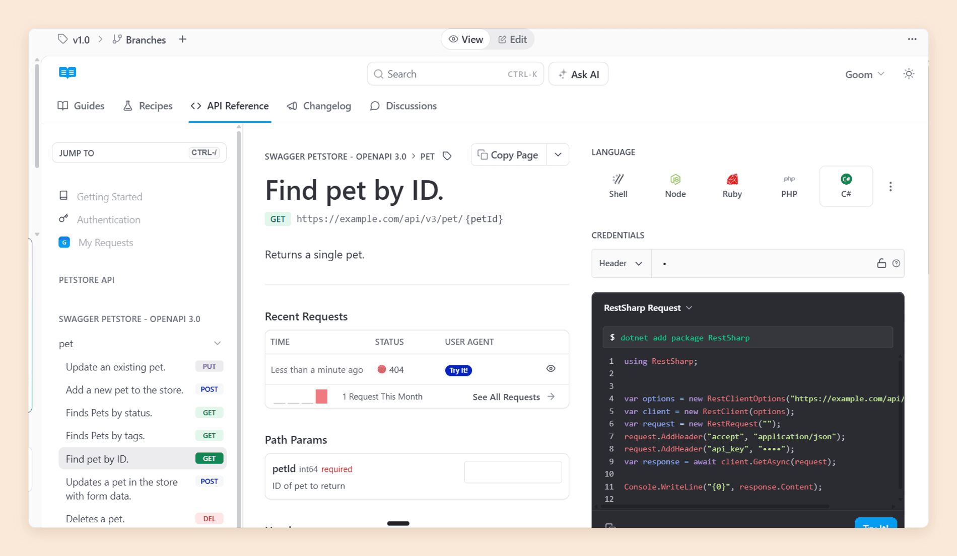 ReadMe's interactive API reference for a Find pet by ID endpoint, showing language tabs for Shell, Node, Ruby, PHP, and C sharp, a credentials field, a generated RestSharp snippet with a Try It button, and a Recent Requests log