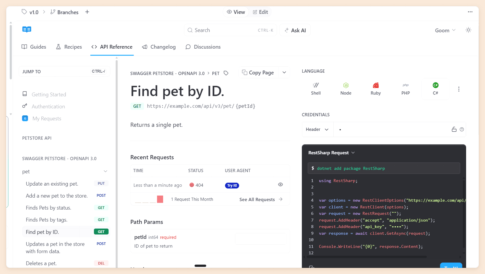 ReadMe's interactive API reference for a Find pet by ID endpoint, showing language tabs for Shell, Node, Ruby, PHP, and C sharp, a credentials field, a generated snippet with a Try It button, and a Recent Requests log