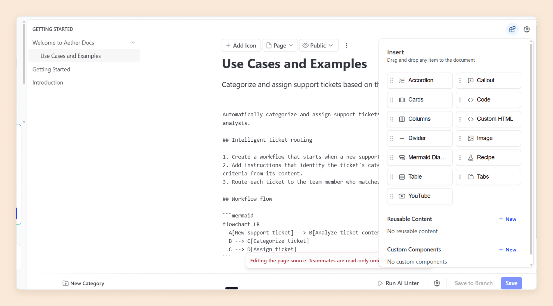 ReadMe's editor with the page source open as raw Markdown, including a mermaid code fence, beside an Insert panel offering accordion, callout, cards, code, columns, custom HTML, table, and tabs blocks