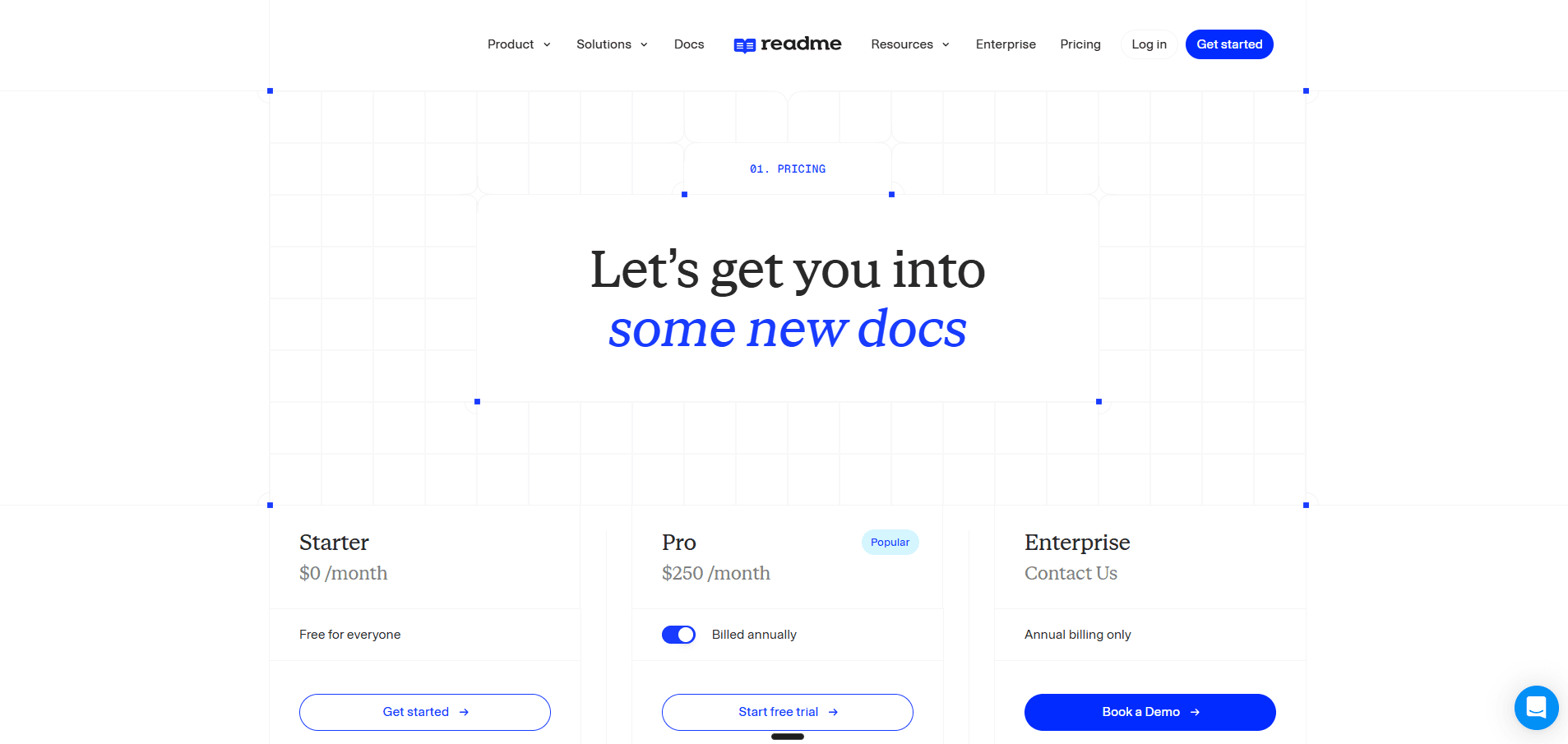 ReadMe pricing, showing the Starter plan free for everyone, the Pro plan at $250 per month billed annually, and a custom Enterprise plan on annual billing only