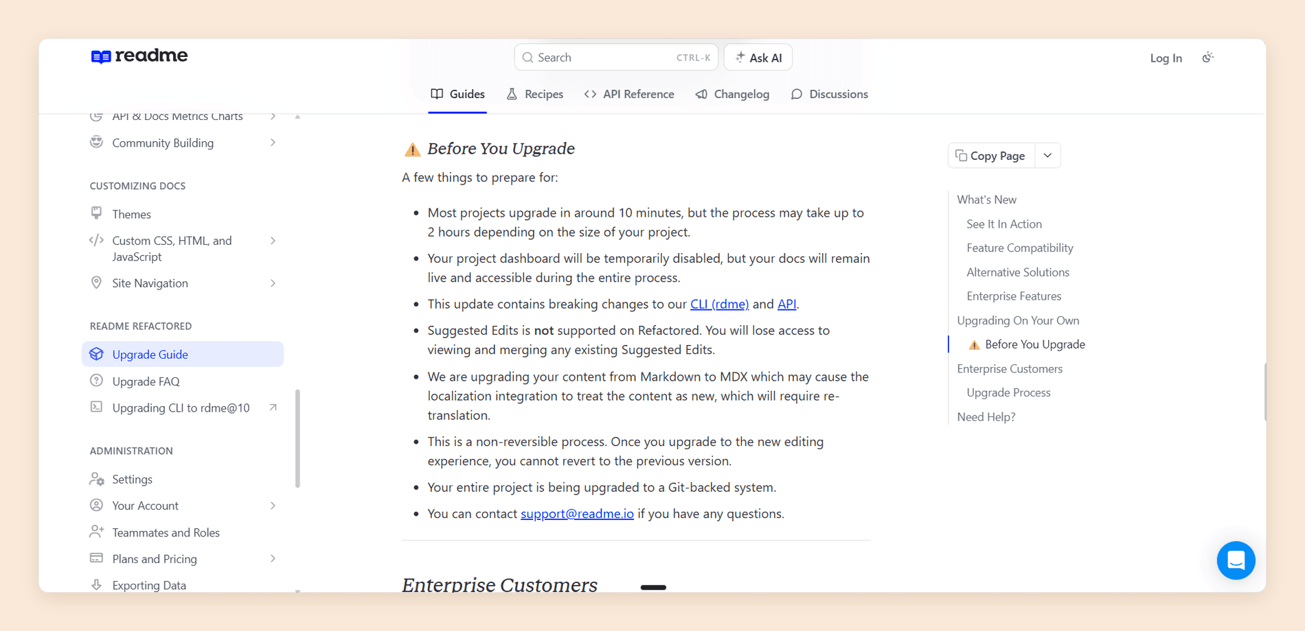 ReadMe's own Before You Upgrade page for Refactored, listing that Suggested Edits is not supported afterwards, that Markdown is converted to MDX and may force re-translation, and that the process is non-reversible