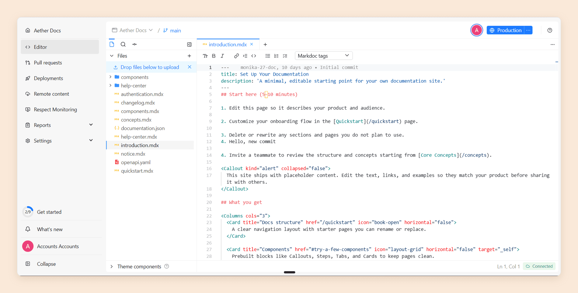Redocly's Reunite editor with the project file tree on the left, introduction.mdx open as raw Markdown, and a formatting toolbar carrying a Markdoc tags dropdown, on the main branch with a Production deploy button