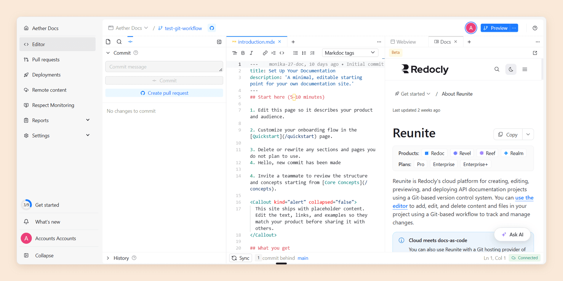 Redocly's commit panel on a feature branch, with a commit message field, a Create pull request button, a History section, and a status bar reading one commit behind main next to a Sync button
