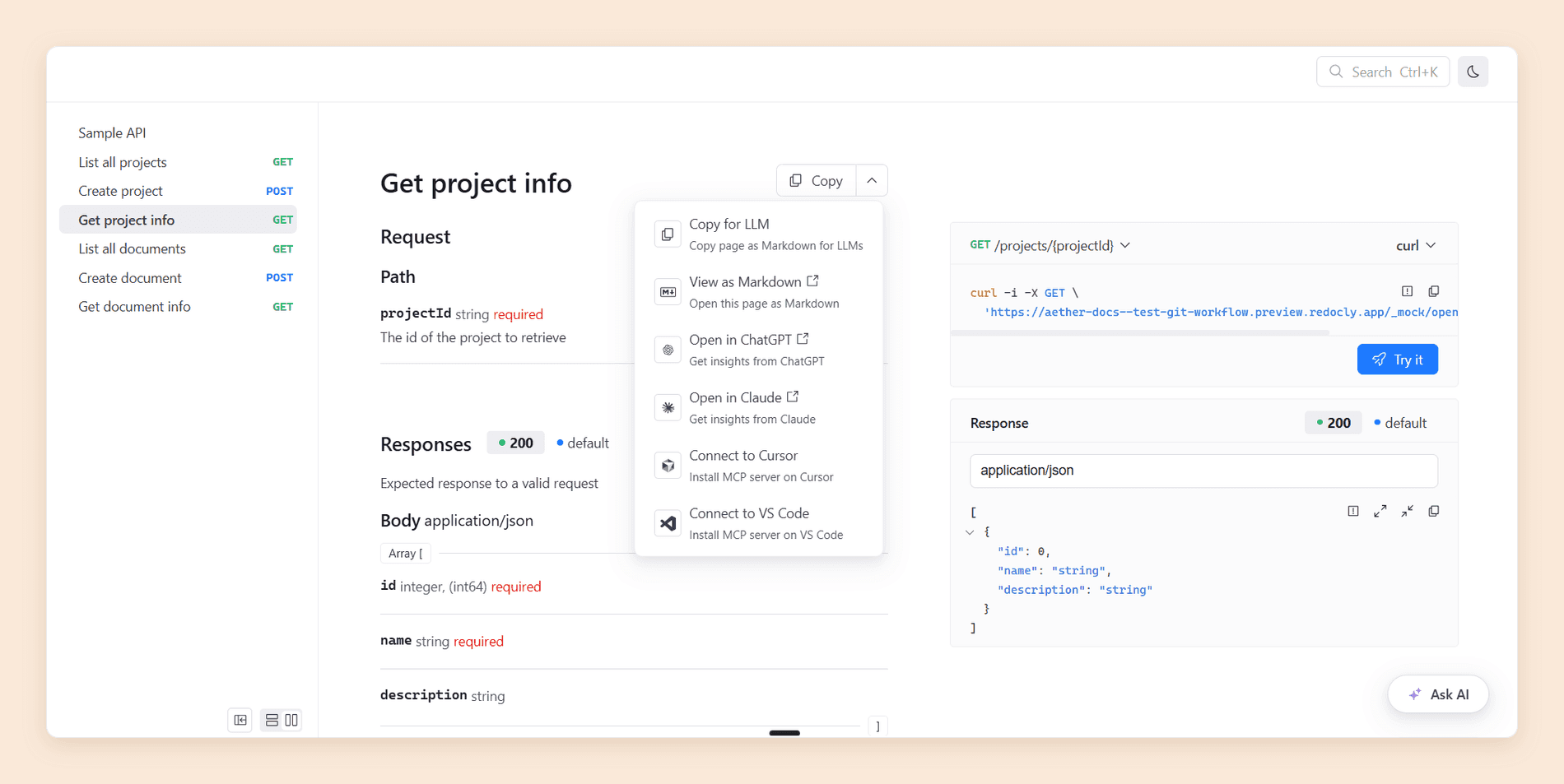 A published Redocly API reference page with its Copy menu open, offering Copy for LLM, View as Markdown, Open in ChatGPT, Open in Claude, Connect to Cursor, and Connect to VS Code, beside a curl request and a 200 response