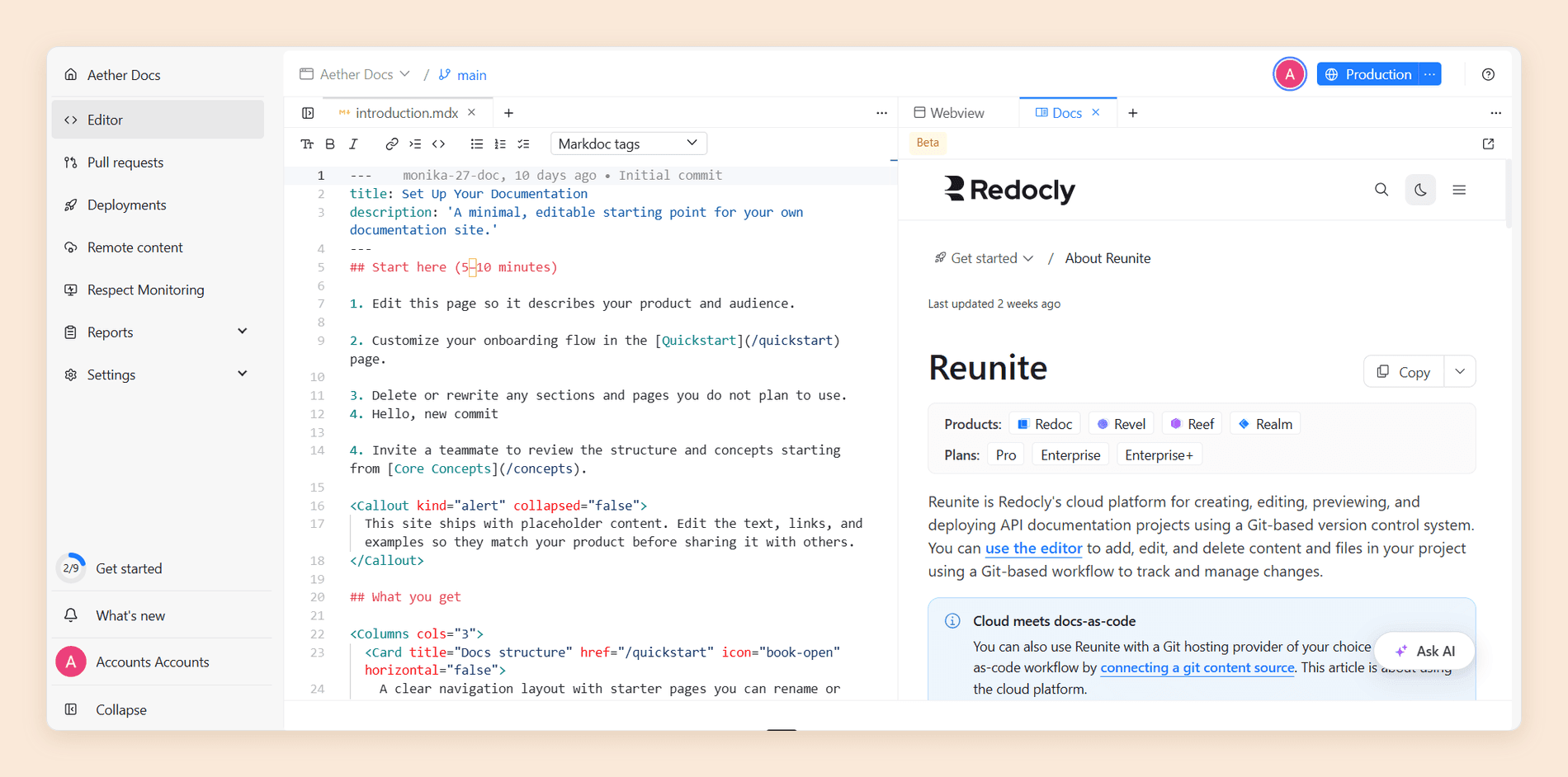 Redocly's editor with the raw Markdown source on the left and the Docs tab on the right showing Redocly's own documentation page for Reunite, with a Webview tab beside it and a Beta label on the Docs tab