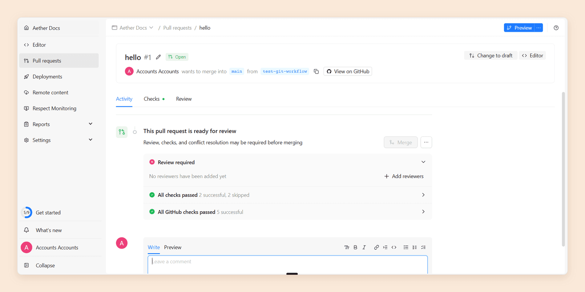 A Redocly pull request ready for review, showing Review required with no reviewers added yet, all Redocly checks passed, and all GitHub checks passed, with the Merge button greyed out