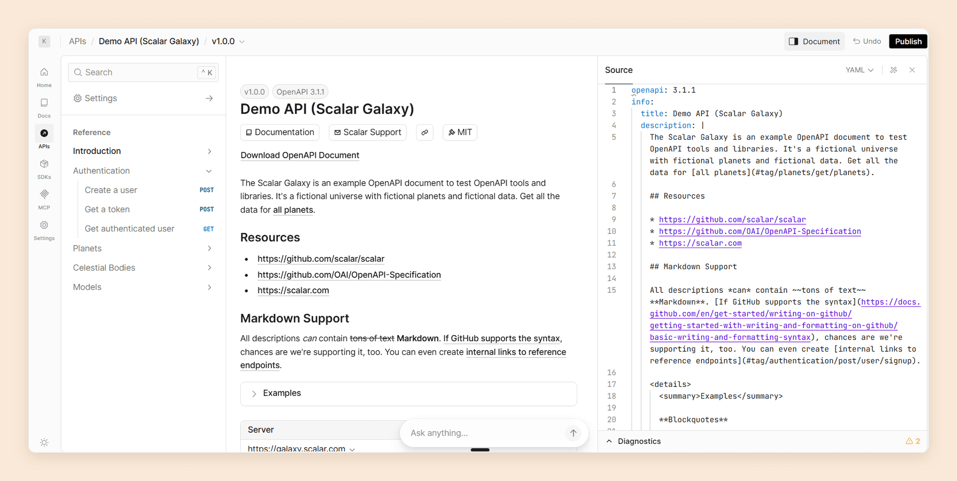 Scalar's API reference editor with a Demo API loaded from an OpenAPI 3.1.1 document, showing the reference sidebar with authentication and resource endpoints, the rendered introduction page, a YAML source panel open on the right, and a rail linking Docs, APIs, SDKs, and MCP