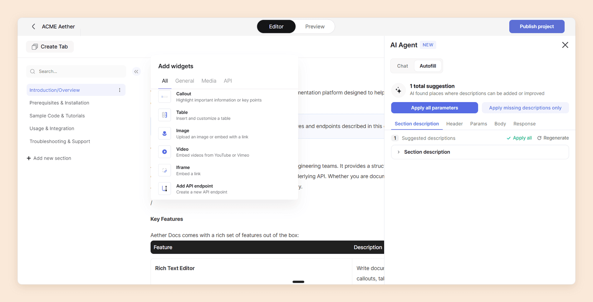 Theneo's AI Agent panel in Autofill mode, reporting one suggestion where descriptions can be added or improved, with tabs for section description, header, params, body, and response and buttons to apply all parameters or only the missing descriptions