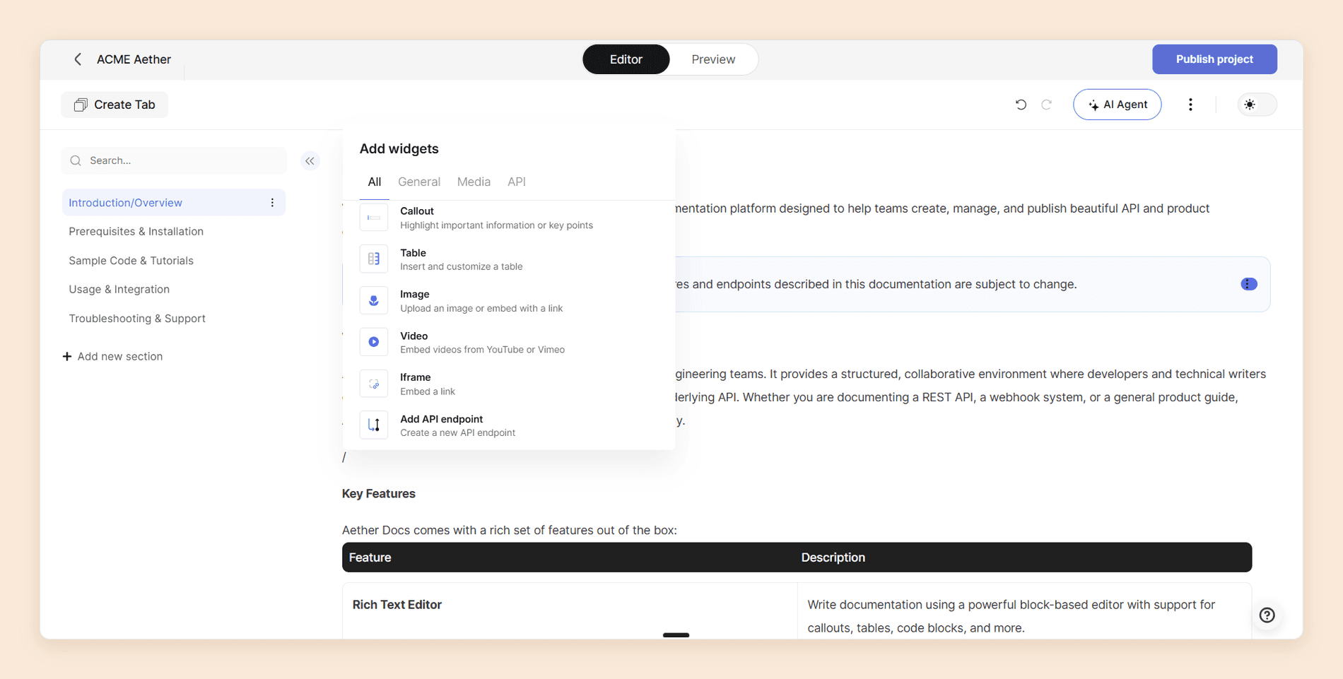 Theneo's Add widgets menu open on the All tab, listing callout, table, image, video, iframe, and add API endpoint, each with a short line explaining what it does, beside the section tree