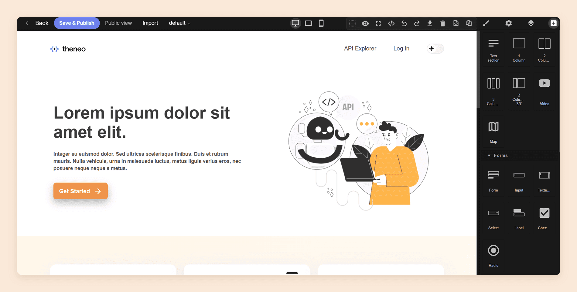 Theneo's developer portal editor, a low-code page builder showing a landing page on the left and a widget palette of text sections, column layouts, video, map, and form elements on the right, with a Save and Publish button